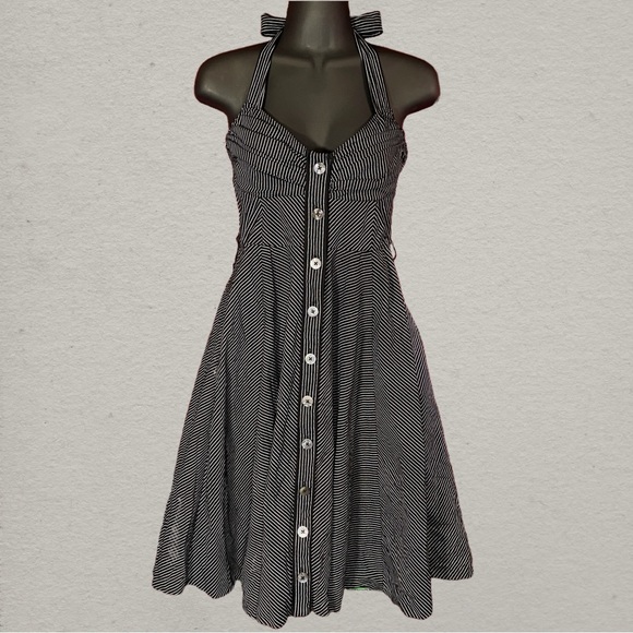 Maeve Black Pinstriped Halter Midi Swing Dress - Picture 1 of 7